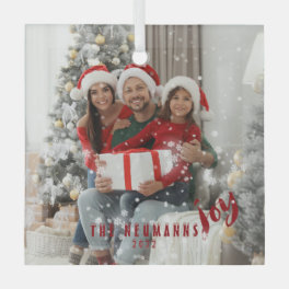 Snowflakes Joyful Holiday Family Photo Glass Ornament