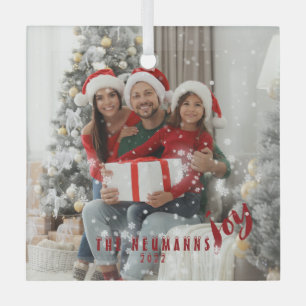 Snowflakes Joyful Holiday Family Photo Glass Ornament