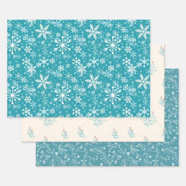 Snowflakes, leaves, buds, trees, teal, Christmas Wrapping Paper Sheets (Set)