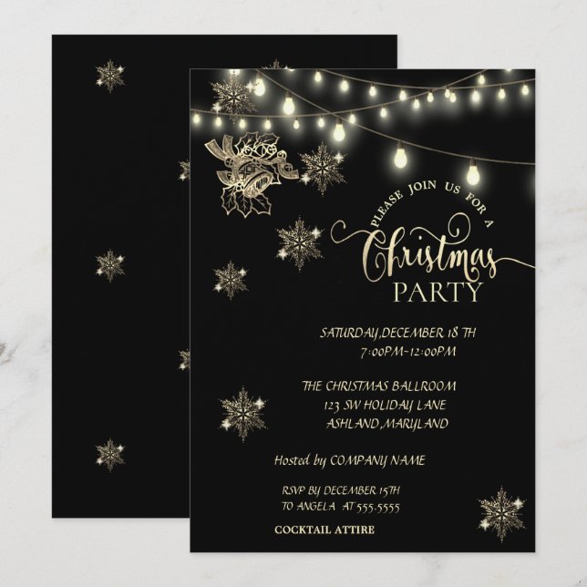 Snowflakes,Lights,Bell Company Christmas Party Invitation (Front/Back)