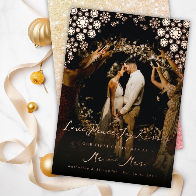 Snowflakes Love Peace Joy Kisses Photo Wedding Foil Holiday Card (Creator Uploaded)