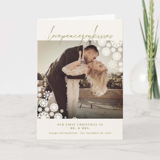 Snowflakes Love Peace Joy Kisses Photo Wedding Holiday Card (Front)