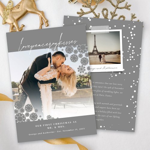 Snowflakes Love Peace Joy Kisses Photo Wedding Holiday Card