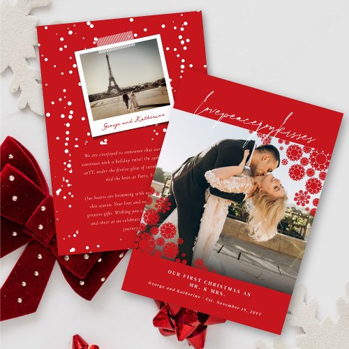 Snowflakes Love Peace Joy Kisses Photo Wedding Holiday Card