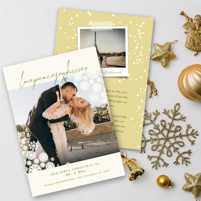 Snowflakes Love Peace Joy Kisses Photo Wedding Holiday Card (Creator Uploaded)
