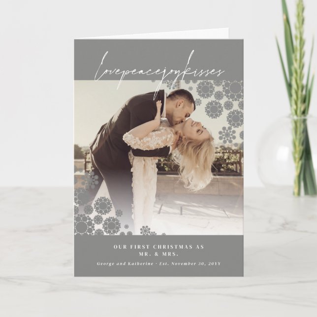 Snowflakes Love Peace Joy Kisses Photo Wedding Holiday Card (Front)