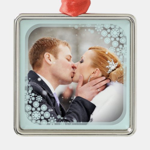Snowflakes Love Peace Joy Kisses Photo Wedding Metal Ornament