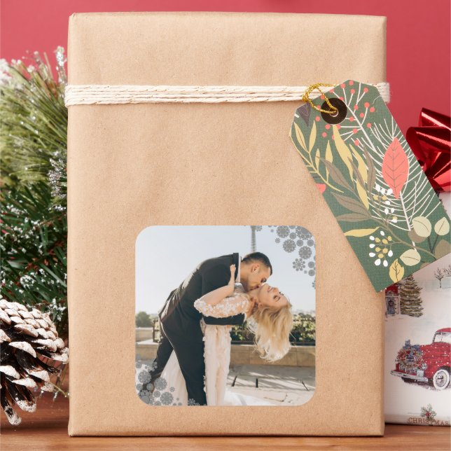 Snowflakes Love Peace Joy Kisses Photo Wedding Square Sticker (Holiday)