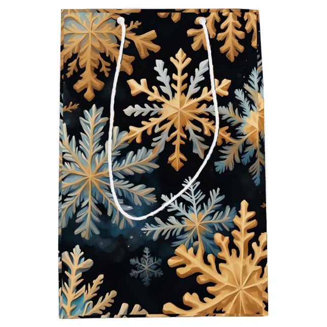  Snowflakes Magic Christmas Black Gold Blue Medium Gift Bag (Front)