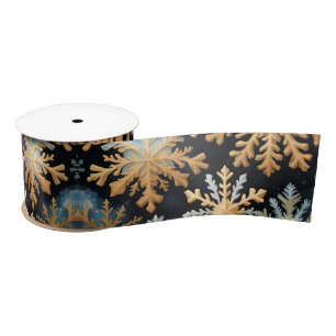 Snowflakes Magic Christmas Black Gold Blue Satin Ribbon