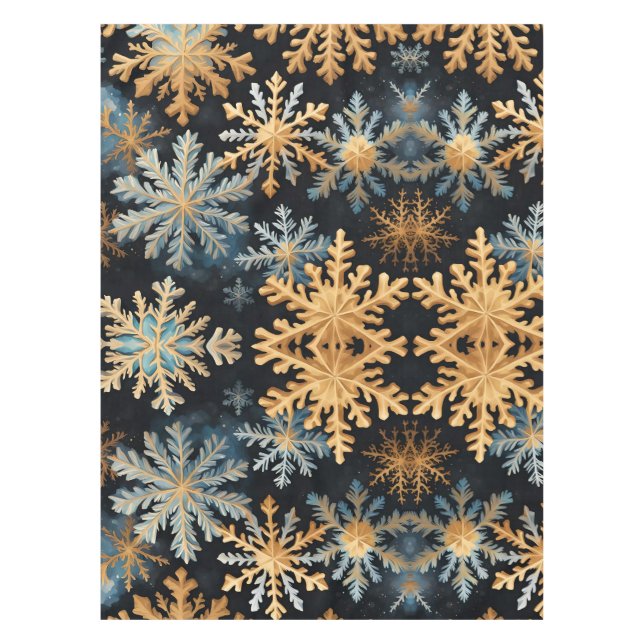  Snowflakes Magic Christmas Black Gold Blue Tablecloth (Front)