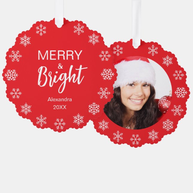Snowflakes Merry Bright Christmas Photo Red White  Ornament Card (Front/Back)