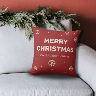 Snowflakes & Merry Christmas Red Throw Pillow
