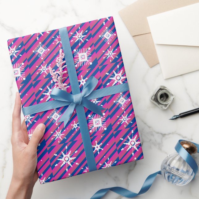 Snowflakes Mix Geometrical Blue Pink Wrapping Paper (Gifting)
