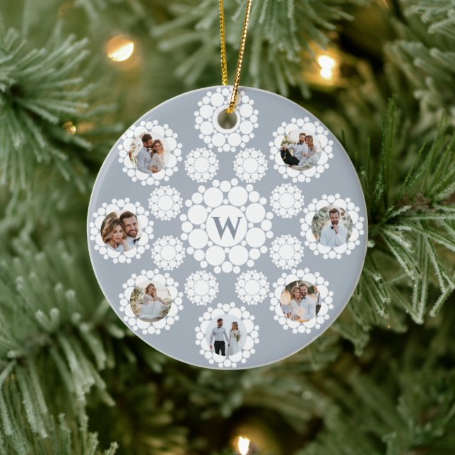 Snowflakes Monogram Married 1st Christmas 8 Photo Ceramic Ornament (Tree)