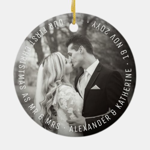 Snowflakes Monogram Married First Christmas Photo Ceramic Ornament