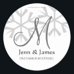 Snowflakes Monogram Wedding Save the Date Classic Round Sticker<br><div class="desc">Winter Wedding Announcement Bride Groom Seal Customize Names and Initial</div>