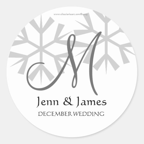 Snowflakes Monogram Wedding Save the Date Classic Round Sticker