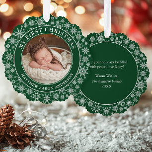 Snowflakes My First Christmas Photo Green Ornament Card