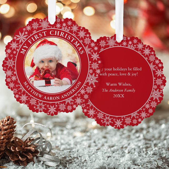 Snowflakes My First Christmas Photo Red Ornament Card (A greeting card that is also an ornament! Customize with your photo and personalized text.)
