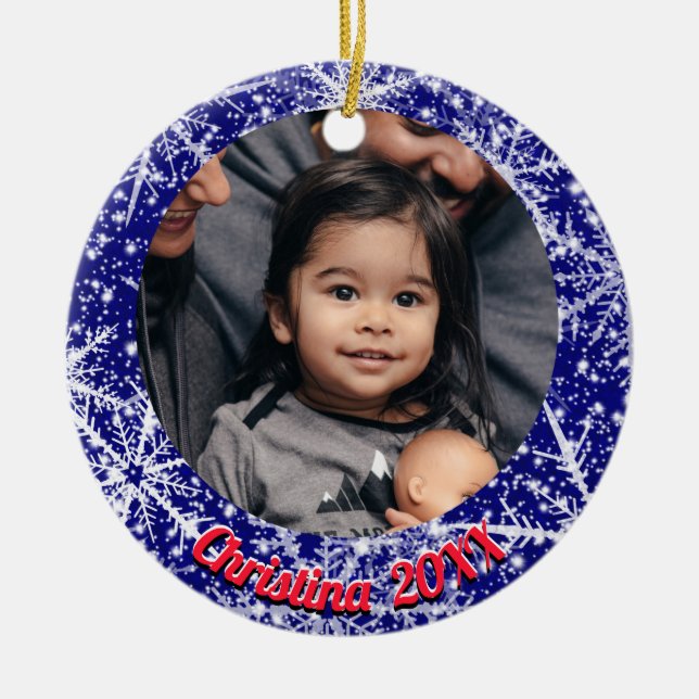 Snowflakes, name, Year's #, 2 Photos Ceramic Ornament (Front)
