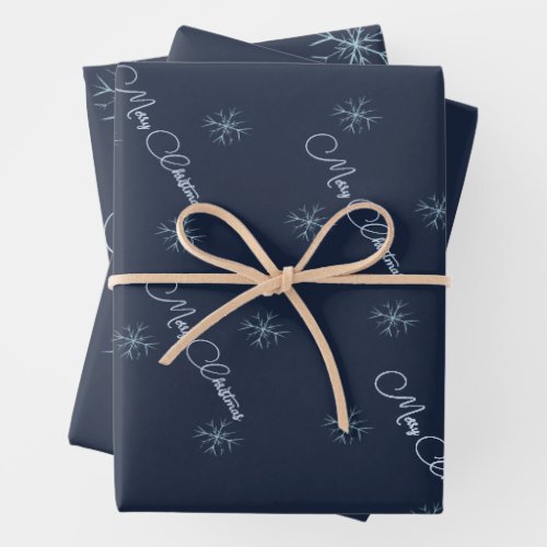 Snowflakes  Navy Blue  Merry Christmas  Wrapping Paper Sheets