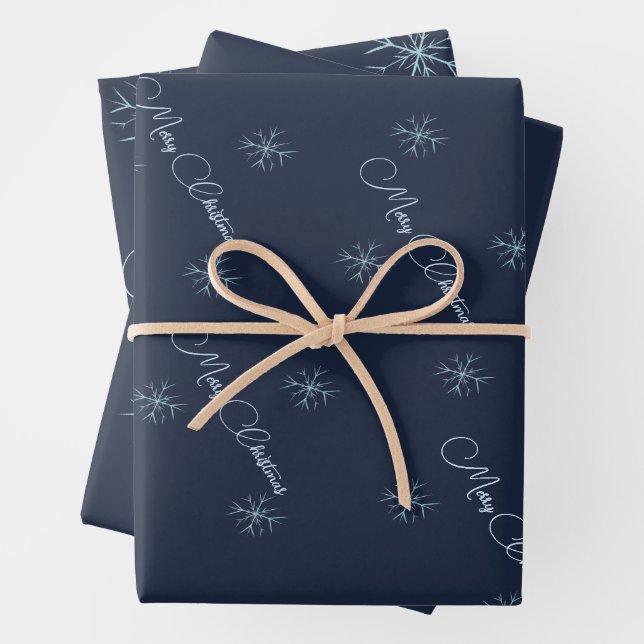 Snowflakes | Navy Blue | Merry Christmas  Wrapping Paper Sheets (In situ)