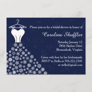 Snowflakes Navy Blue Wedding Dress Bridal Shower Invitation