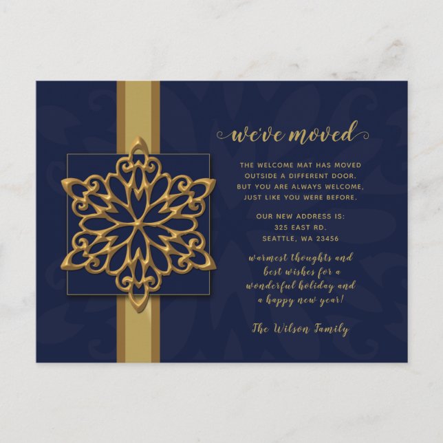 Snowflakes Navy Gold Holiday Moving Announcement Postcard (Front)