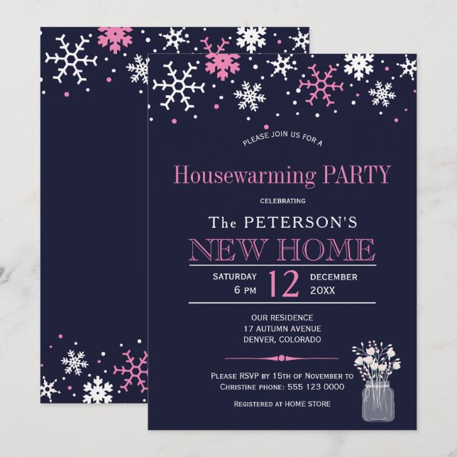 Snowflakes navy pink winter housewarming party invitation (Front/Back)