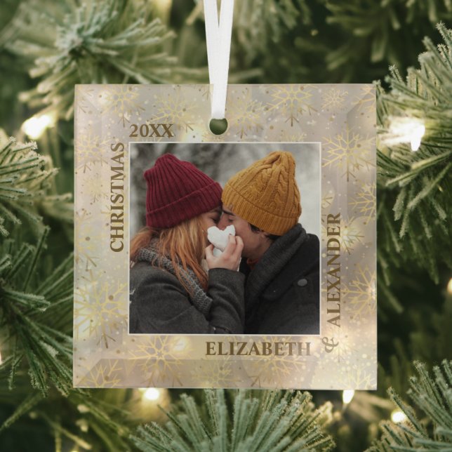 Snowflakes Newlywed Photo Glass Ornament (Insitu)