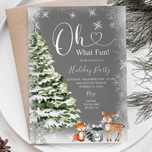 Snowflakes Oh What Fun Pine Trees Christmas Animal Invitation