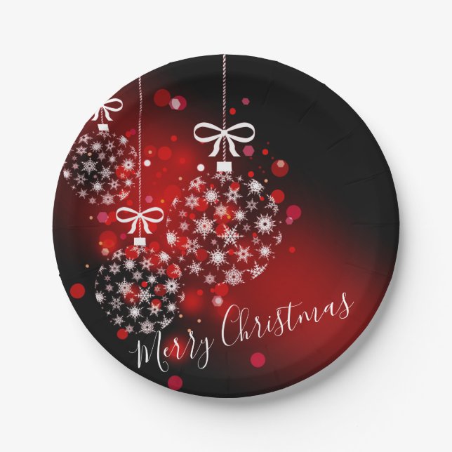 Snowflakes on a red and black background.  paper plates (Front)