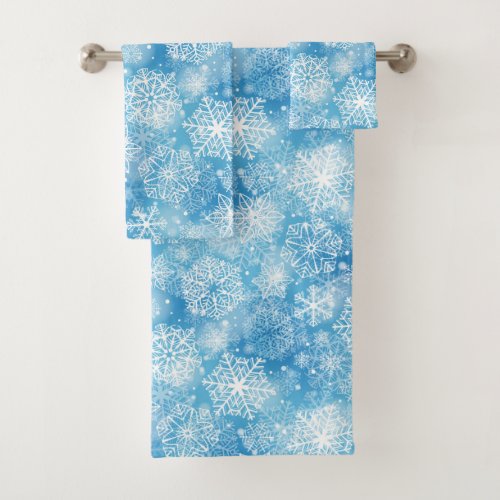 Snowflakes on blue bath towel set