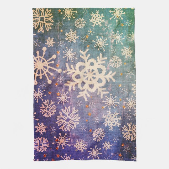 Snowflakes on Blue Denim Tie-dye Kitchen Kitchen Towel (Vertical)