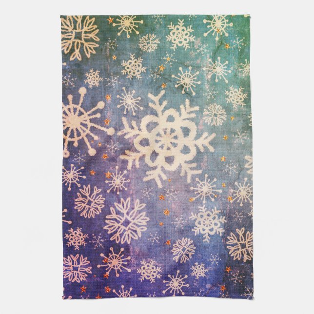Snowflakes on Blue Denim Tie-dye Kitchen Towel (Vertical)