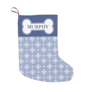 Snowflakes On Blue &amp; Dog Bone With Pet's Name Small Christmas Stocking