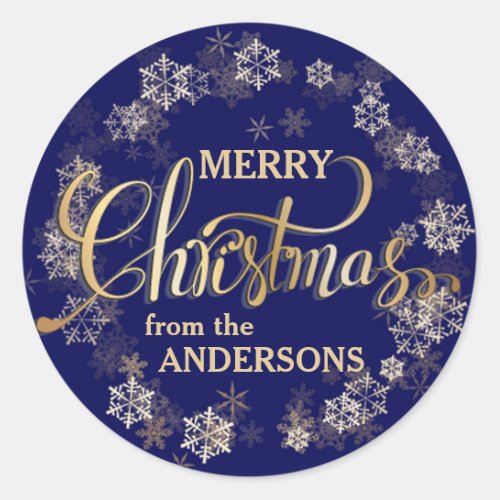 Snowflakes on Blue Gold Letter Merry Christmas Classic Round Sticker