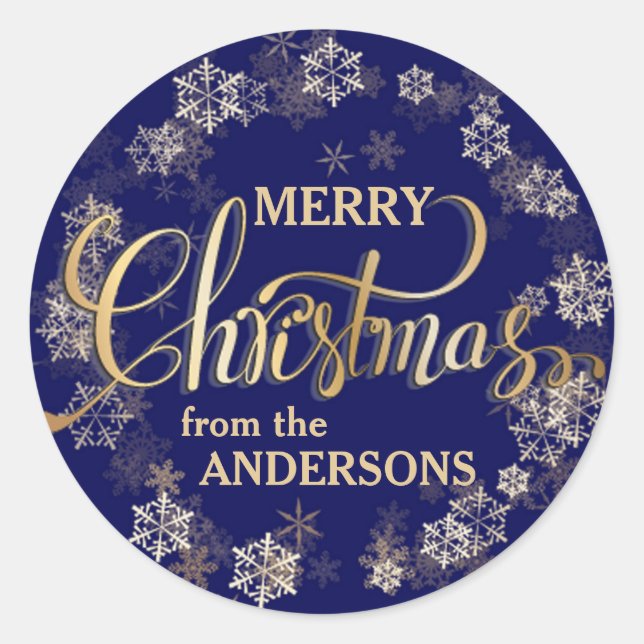 Snowflakes on Blue Gold Letter Merry Christmas Classic Round Sticker (Front)