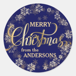 Snowflakes on Blue Gold Letter Merry Christmas Classic Round Sticker