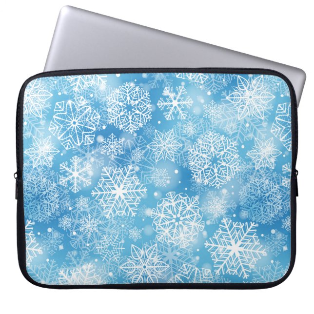 Snowflakes on blue laptop sleeve (Front)