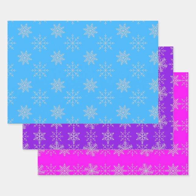 Snowflakes on Blue, Purple & Pink Sheet Set of 3 (Set)