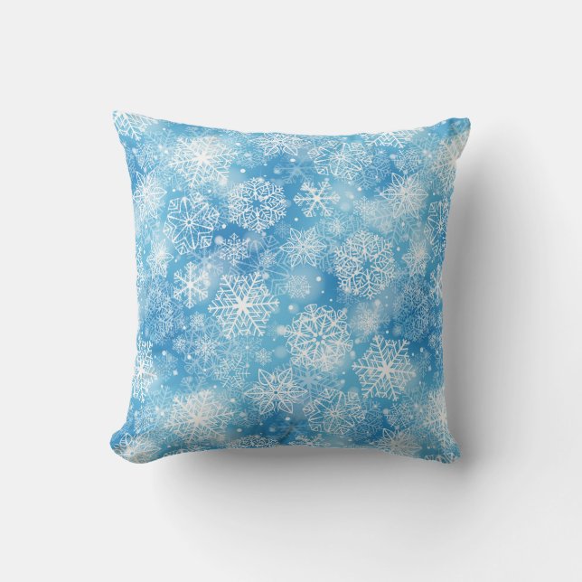 Snowflakes on blue throw pillow (Front)