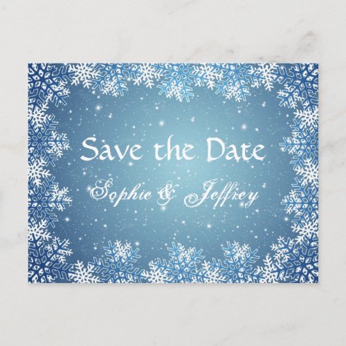 Snowflakes on blue wedding Save the date Postcard