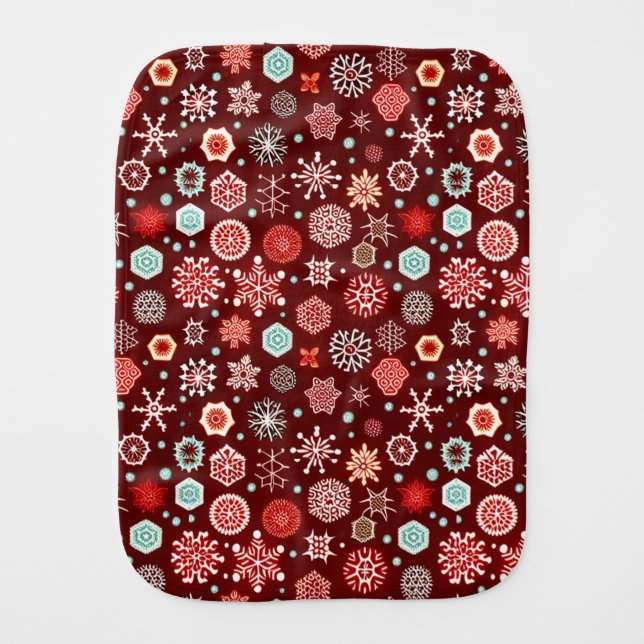 Snowflakes on Burgundy Baby Burp Cloth (Front)