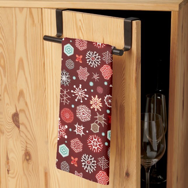 Snowflakes on Burgundy Kitchen Towel (Thirds Fold)