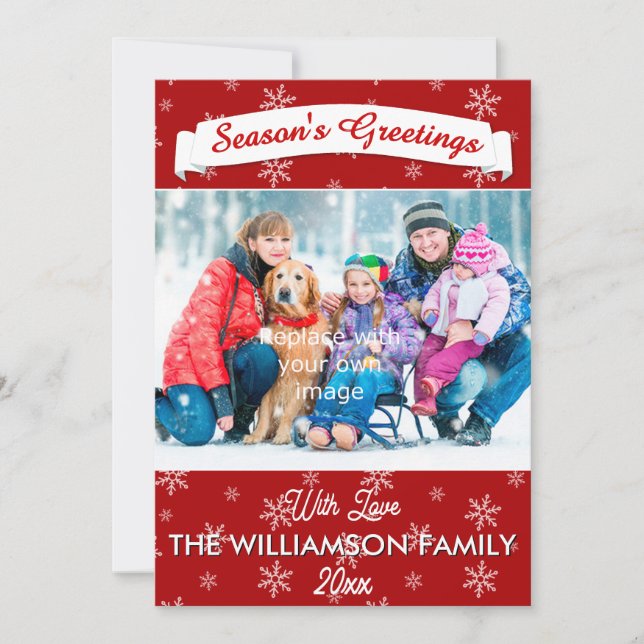Snowflakes on Christmas Red with Photo Holiday Card (Front)