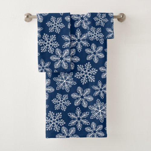 Snowflakes on dark blue bath towel set