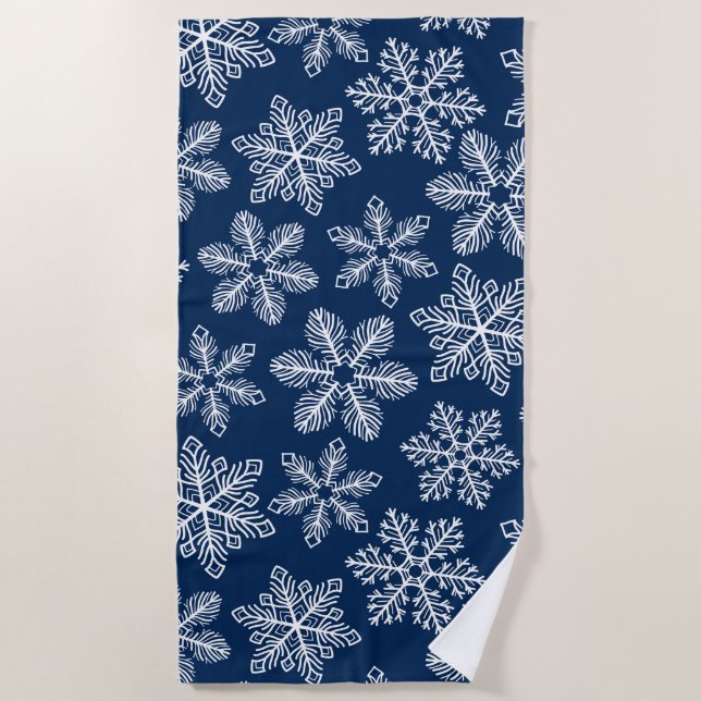 Snowflakes on dark blue beach towel (Front)