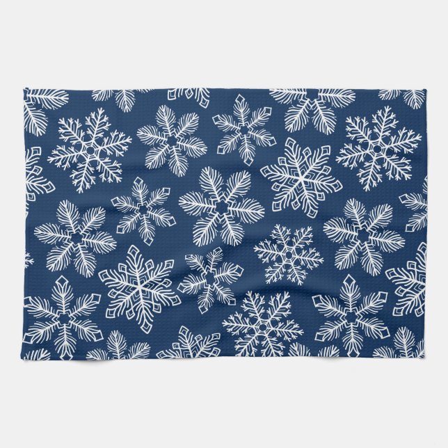Snowflakes on dark blue kitchen towel (Horizontal)